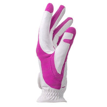 Side view of pink and white golf glove with textured palm and elastic cuff