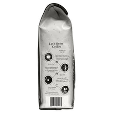 Ground coffee bag back panel with brew instructions and coffee prep icons