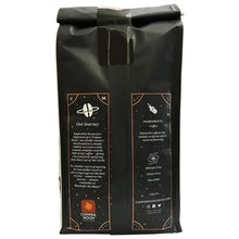 Ground coffee bag back panel with Copper Moon roasting, ingredients, and allergen info