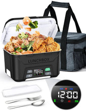 Black heated lunch box with removable divider, open lid, digital control panel and carry strap