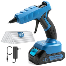 Blue cordless hot glue gun with handle and 30 white glue sticks accessory set