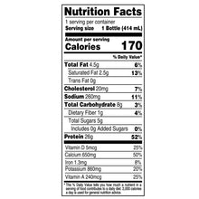 Nutrition Facts label for chocolate protein shake, 1 bottle per serving