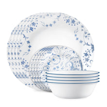 Blue floral glass dinner plates and bowls set, overlapping view, service for 4