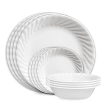 White coupe glass dinner plates, stacked set for four