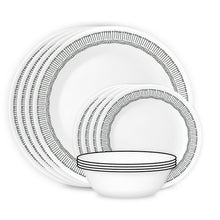 White glass dinner plates and bowl set with dark blue sketch line border