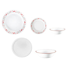 Mixed white dinnerware set with reindeer border plates and bowls