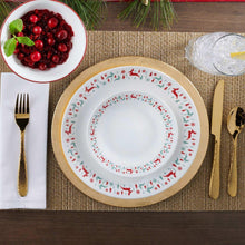 White dinner plate with red and green reindeer wreath border