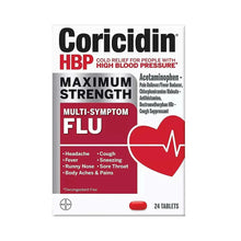 Coricidin HBP Maximum Strength multi-symptom flu tablets box, red and white, 24 tablets
