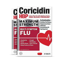 Coricidin HBP Maximum Strength multi-symptom flu tablets box front, red with heart icon
