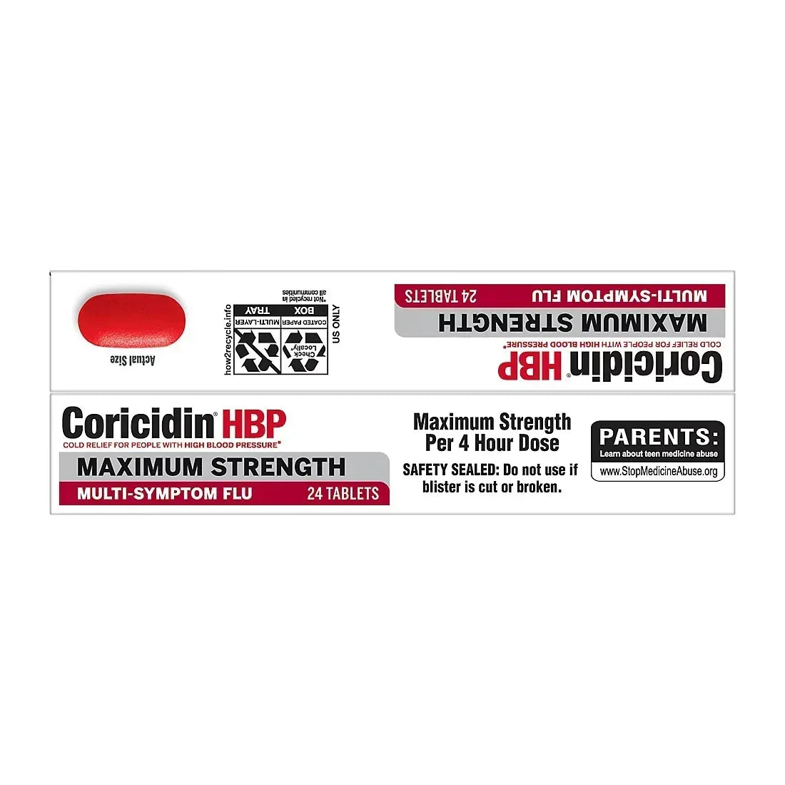Coricidin Maximum Strength Multi-Symptom Flu Relief Tablets for High Blood Pressure, Decongestant-Free, 48 Count
