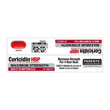 Coricidin HBP Maximum Strength multi-symptom flu tablets box back panel, dosage and warnings