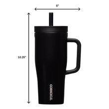 Black insulated go cup with curved handle and straw lid