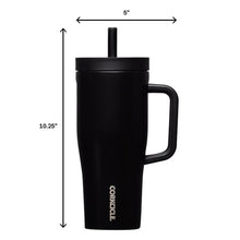 Black insulated tumbler with handle and straw lid, Corkcicle logo on front