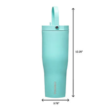 Teal insulated go cup with wide handle and straw lid
