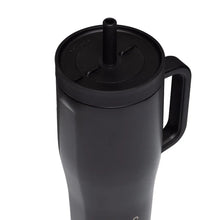 Black insulated cup with domed lid and straw, top view