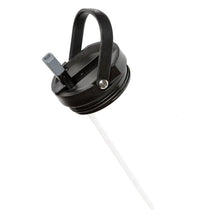 Black lid straw mechanism with small button and white straw tube