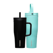 Insulated tumbler and go cup set with straw lids, black and teal, 2-piece set