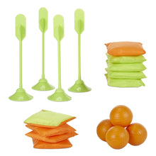 Cornhole accessories: four green toss sticks, orange and green bean bags, orange balls