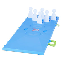 Blue cornhole board with player silhouettes and circular target, green side handle