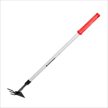 Long red-handled tool with gray shaft and pointed spade head for digging