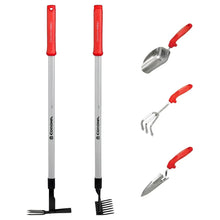 Digging tool set with red grips, gray shafts, shovel, fork, and trowel heads