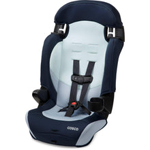 Kids booster car seat with dark blue sides and light gray headrest, front view