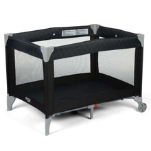 Portable baby play yard with black frame, mesh panels, padded dark base, wheeled legs
