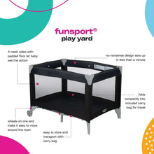 Funsport play yard with black mesh panels, padded floor, foldable frame and wheels