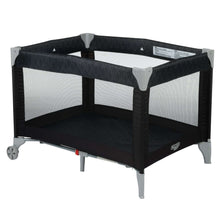 Portable baby play yard with black frame and mesh panels, padded base, wheeled legs