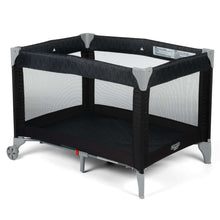 Portable baby play yard with black frame, mesh sides, padded base, wheeled feet