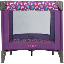 Purple baby play yard with butterfly-pattern top rail and mesh sides, featuring COSCO logo