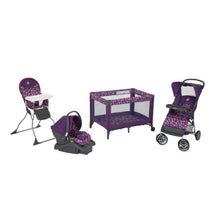 Purple baby play yard set with matching seating items: high chair, rocker, and bouncer