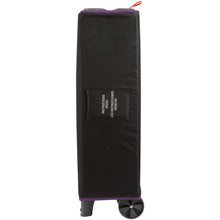 Black portable play yard carry bag with purple trim and a label pocket