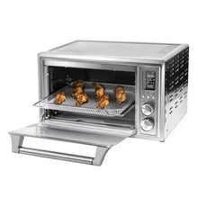 Silver air fryer toaster oven with mesh basket and pull-out rack extended