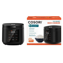 Cosori 5-quart rice cooker in black with front control panel, shown with retail box