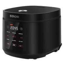 Black Cosori rice cooker, front digital display and buttons on control panel