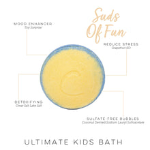 Round yellow bath bomb with blue rim, kids bath branding on package card