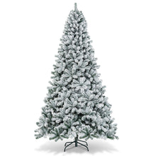 Snow flocked artificial Christmas tree, hinged branches, unlit, on metal stand