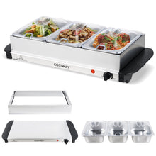 Electric buffet food warmer set with 3 stainless trays, clear lids, and base stand