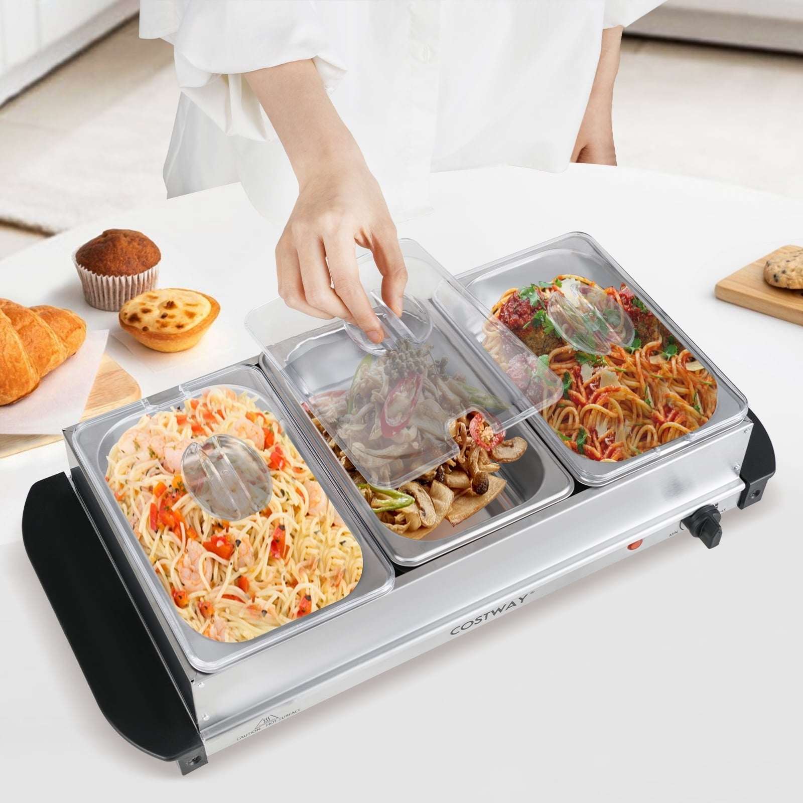 Costway Electric Buffet Server Food Warmer with 3 Removable Trays Adjustable Tempered