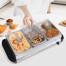 Electric buffet server with 3 stainless trays open, clear lids, black base