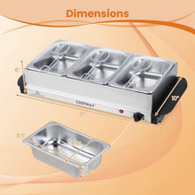 Electric buffet food warmer with 3 stainless trays, black end blocks, temperature knob