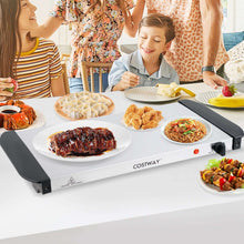 Electric buffet food warmer with 3 compartments holding prepared warm dishes
