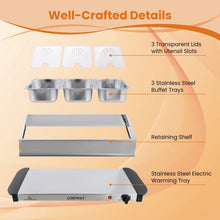 Electric buffet warmer with 3 stainless trays, clear lids, removable warming tray