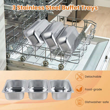Stainless buffet trays in dishwasher rack, detachable for easy cleaning