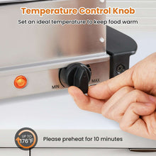 Temperature control knob on electric buffet warmer with min and max markings
