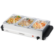 Electric buffet food warmer with 3 stainless trays and clear lids, black handles