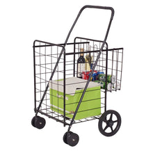 Black folding shopping cart with wire basket, swivel wheels, and side handle.