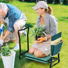 Green folding garden kneeler with cushioned pad and hanging tool pouch, black metal legs