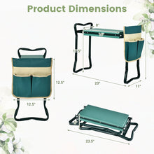 Green folding garden kneeler with tool pouch and black frame, shown with overall size views